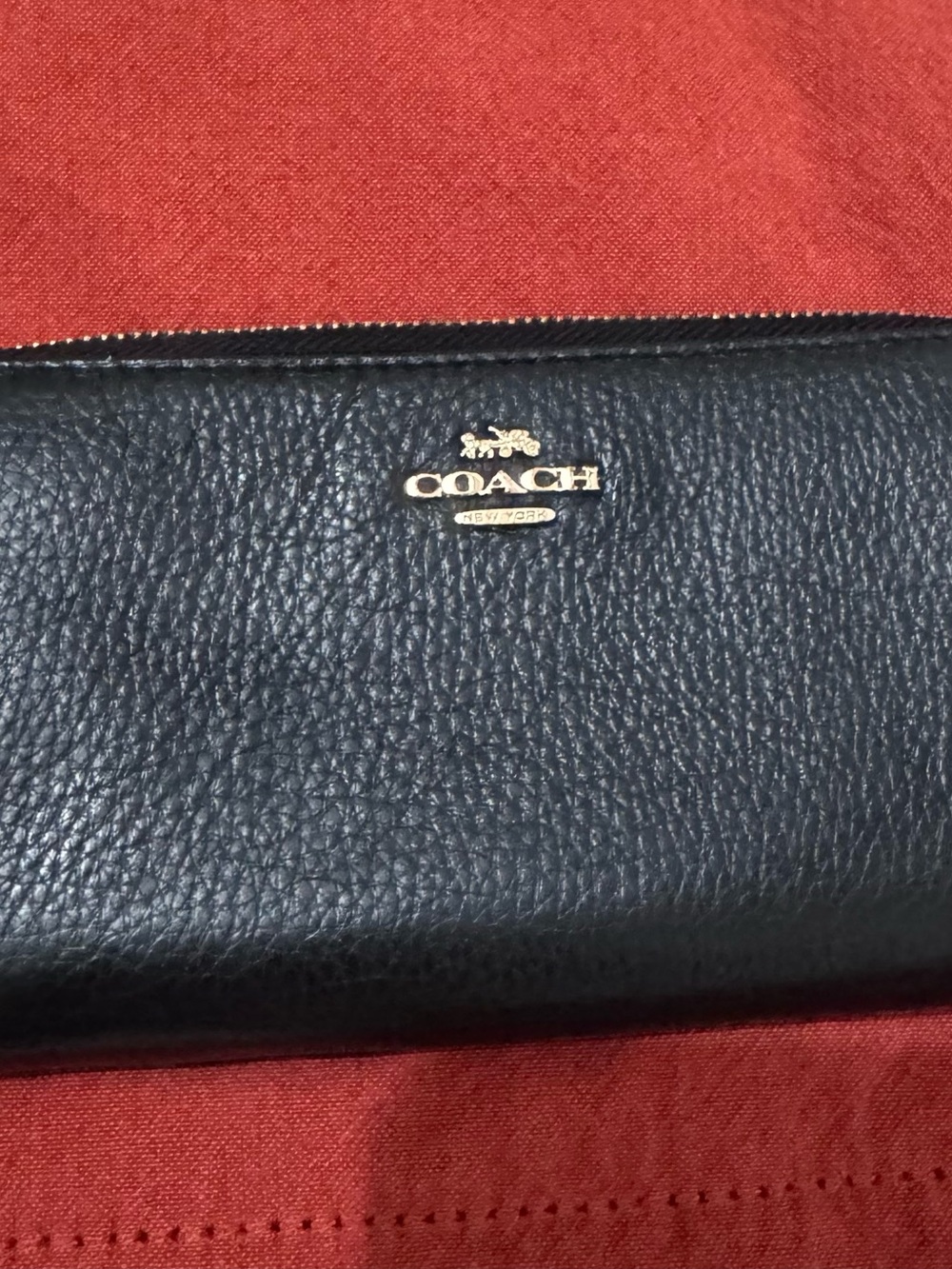 Coach Black Pebbled Leather Zip Card Holder with Gold Logo